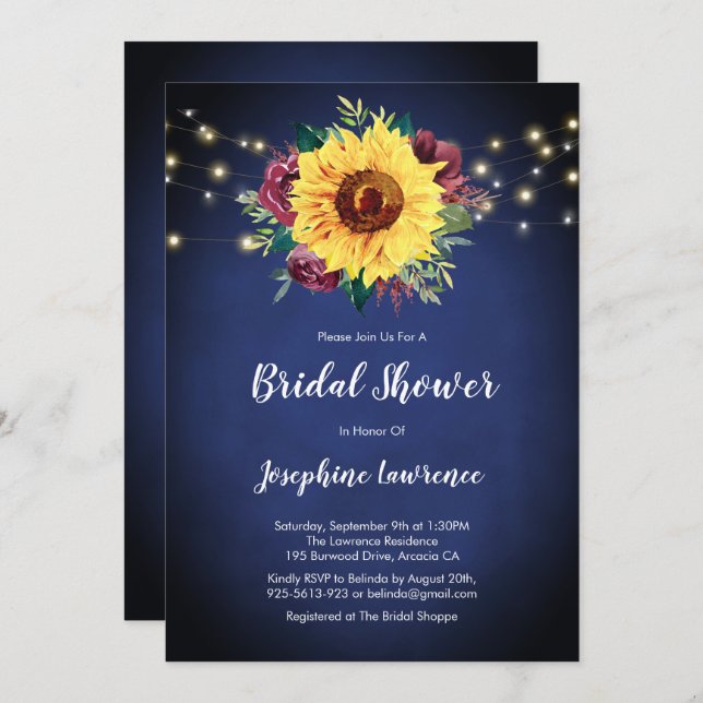 Sunflower Burgundy Rose Lights Navy Bridal Shower Invitation (Front/Back)