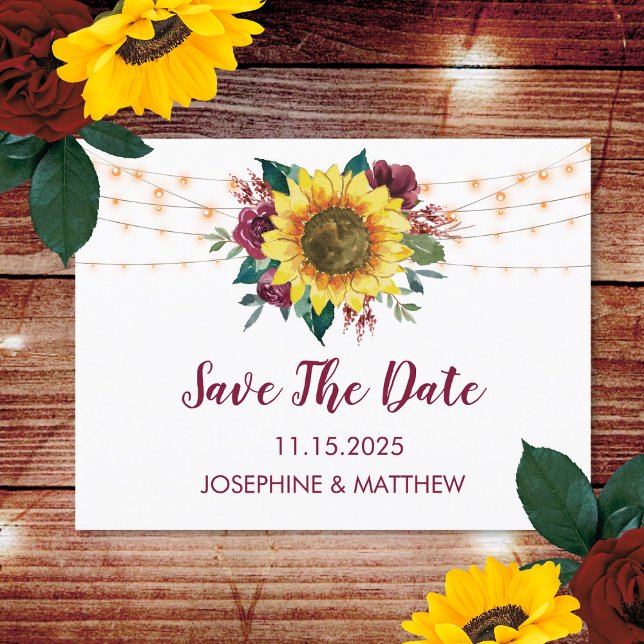 Sunflower Burgundy Rose Lights Save The Date Announcement Postcard (Creator Uploaded)