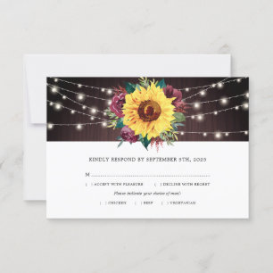 Sunflower Burgundy Rose Lights Wood Wedding Meal RSVP Card