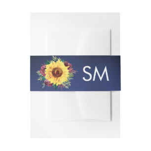 Sunflower Burgundy Rose Navy Blue Wedding Monogram Invitation Belly Band