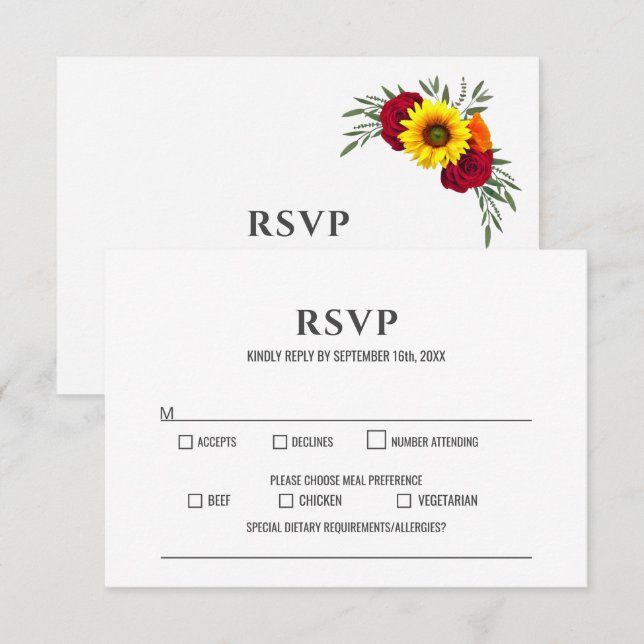 Sunflower Burgundy Rose Wedding RSVP (Front/Back)