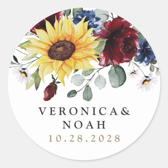 Sunflower Burgundy Roses Navy Blue Rustic Wedding Classic Round Sticker (Front)