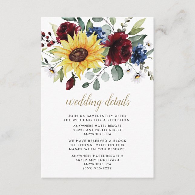 Sunflower Burgundy Roses Navy Blue Rustic Wedding Enclosure Card (Front)