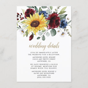 Sunflower Burgundy Roses Navy Blue Rustic Wedding Enclosure Card