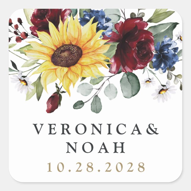Sunflower Burgundy Roses Navy Blue Rustic Wedding Square Sticker (Front)