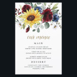 Sunflower Burgundy Roses Navy Wedding Menu Cards<br><div class="desc">Design features an elegant bouquet of watercolor sunflowers,  peony roses,  eucalyptus,  greenery and more with a unique typography layout in medium black and printed gold coloured text.  You can use the template as is or add more meals,  desserts and more. This template is fully customizable.</div>