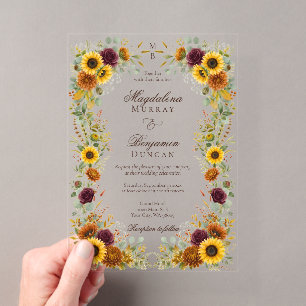 Sunflower Burgundy Roses Rust Fall Floral Wedding Acrylic Invitations