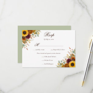 Sunflower Burgundy Roses Rust Fall Floral Wedding RSVP Card
