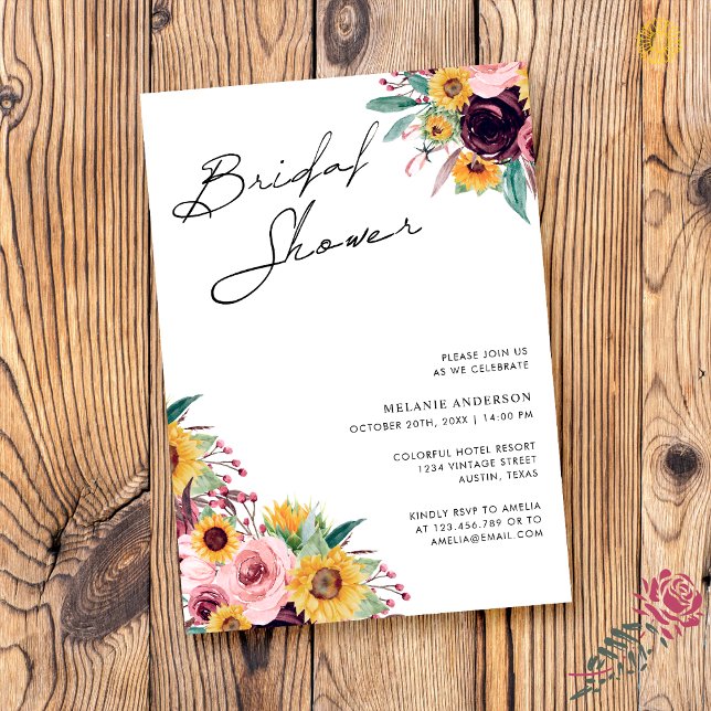 Sunflower Burgundy Rustic Autumn Bridal Shower Invitation (Creator Uploaded)
