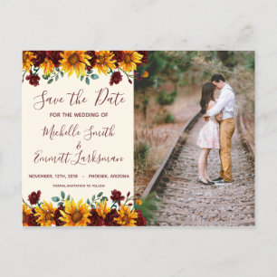 Sunflower Burgundy Rustic Country Save the Date Announcement Postcard