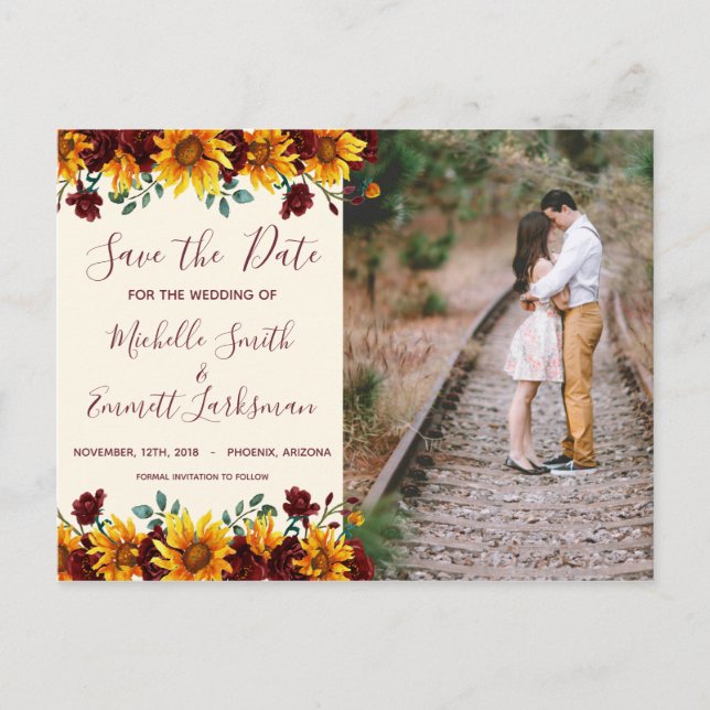 Sunflower Burgundy Rustic Country Save the Date Announcement Postcard (Front)