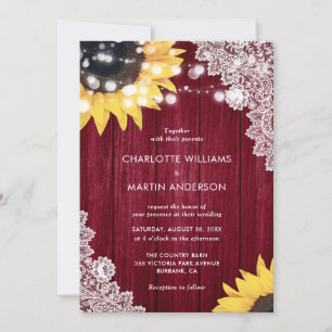 Sunflower Burgundy Wood Floral Lace Rustic Wedding Invitation