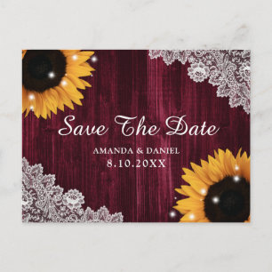 Sunflower Burgundy Wood Lace Rustic Save The Date Postcard