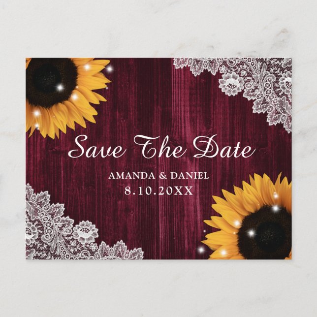 Sunflower Burgundy Wood Lace Rustic Save The Date Postcard (Front)