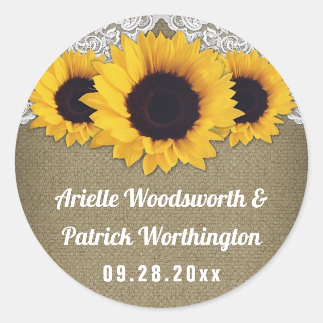 Sunflower Burlap and Lace Wedding Favour Classic Round Sticker (Front)