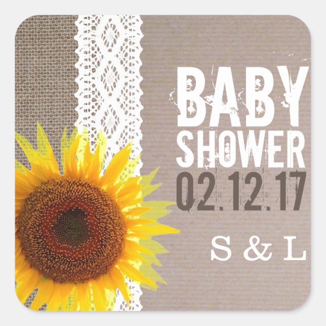 Sunflower Burlap & Crochet Lace Baby Shower Square Sticker (Front)
