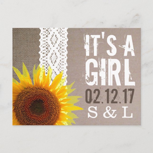 Sunflower Burlap & Lace Baby Announcement (Front)