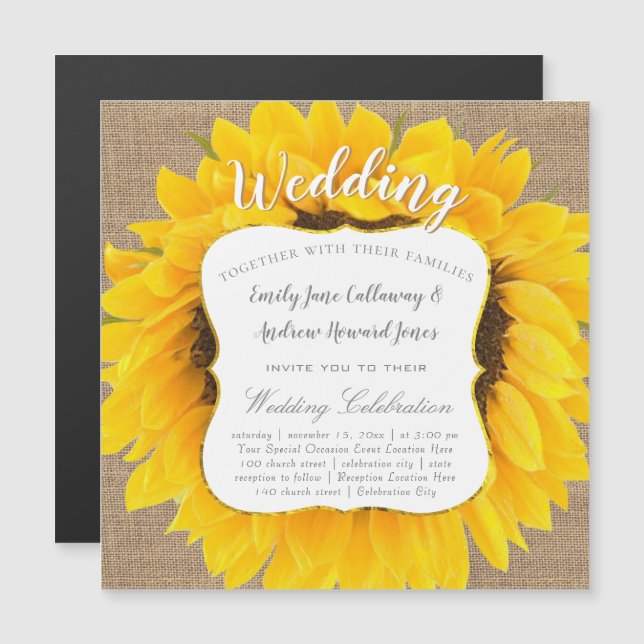 Sunflower Burlap Typography Wedding Invitation (Front/Back)