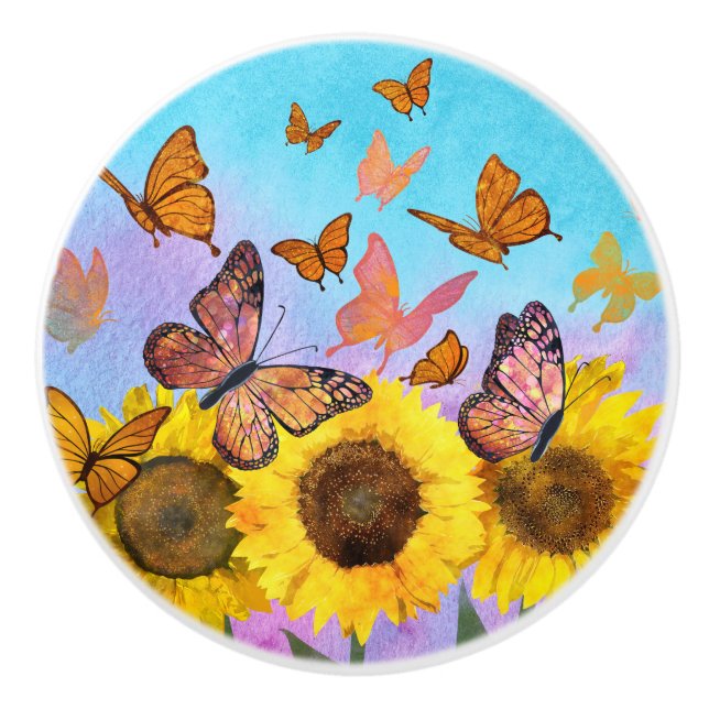 Sunflower Butterflies Flower Pattern Floral Design Ceramic Knob (Front)