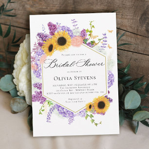 Sunflower Butterflies Lilac Hexagon Bridal Shower Invitation