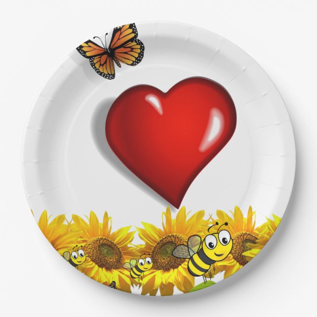 Sunflower Butterfly Bumblebee Paper Plates (Front)