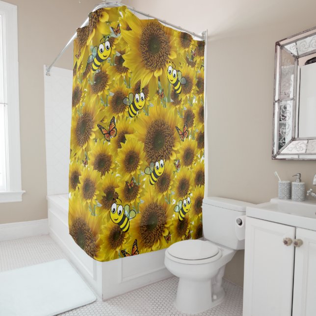 Sunflower Butterfly Bumblebee Shower Curtain (In Situ)