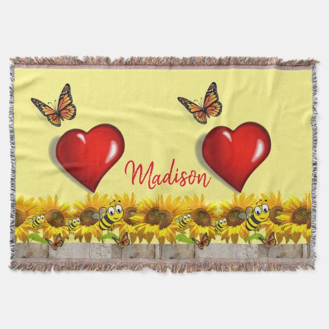 Sunflower Butterfly Bumblebee Throw Blanket (Front)