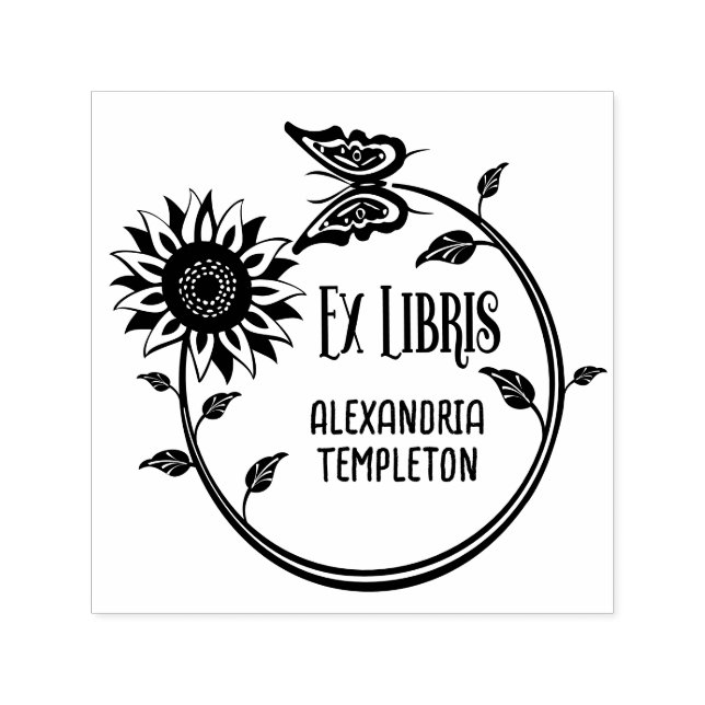 Sunflower Butterfly Ex Libris Library Book Name Self-inking Stamp (Design)