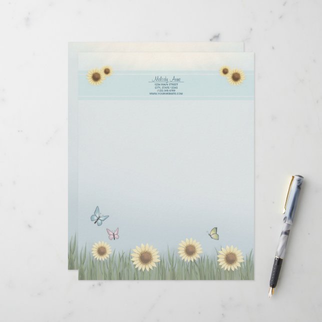 Sunflower Butterfly Floral Letterhead (Front/Back In Situ)