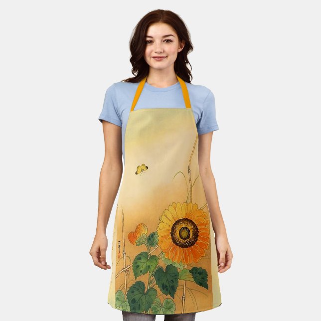 SUNFLOWER ,BUTTERFLY,GREEN LEAVES Japanese Floral Apron (Worn)