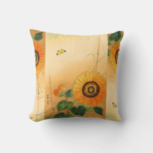 SUNFLOWER ,BUTTERFLY,GREEN LEAVES Japanese Floral Throw Pillow