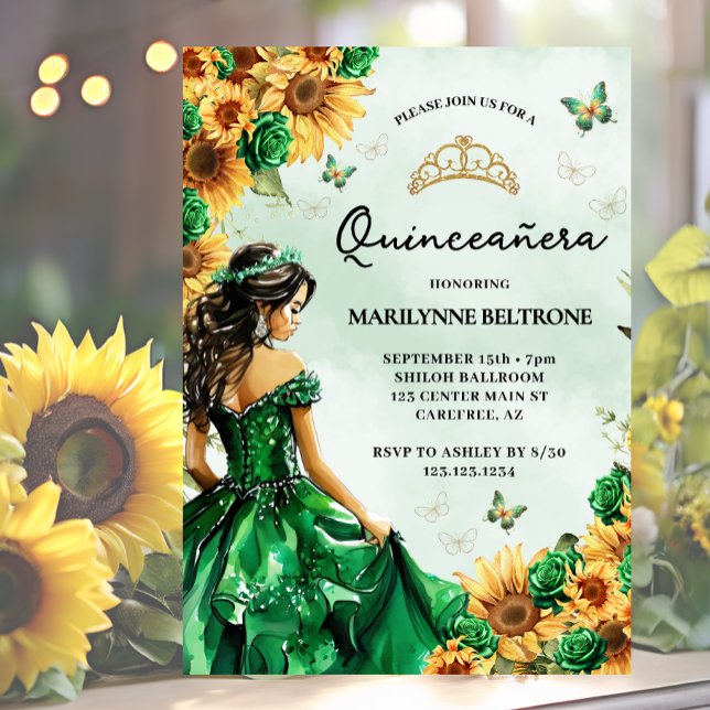 Sunflower Butterfly Green Princess Quinceañera Invitation (Creator Uploaded)