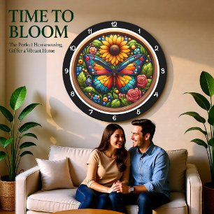 Sunflower Butterfly Stained Glass Large Clock