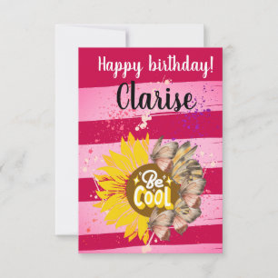 Sunflower & Butterfly Vibrant Pink Art Thank You Card