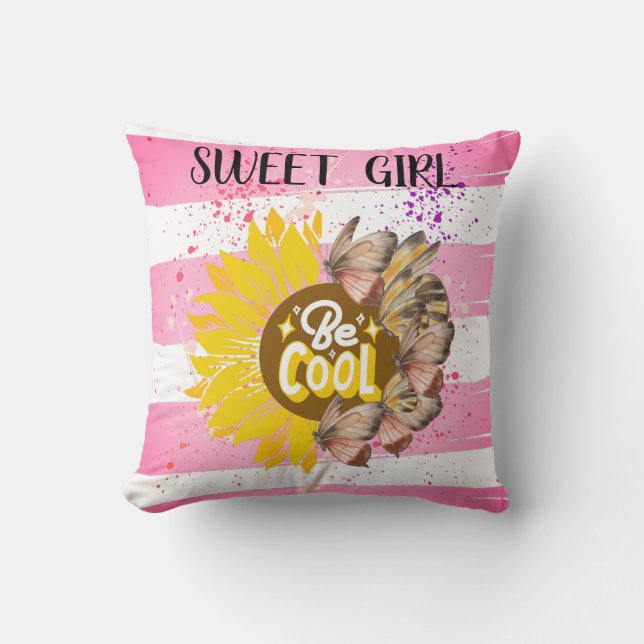 Sunflower & Butterfly Vibrant Pink Art Throw Pillow (Front)