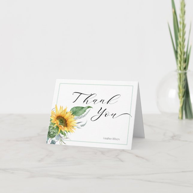 Sunflower Calligraphy Thank You Folded Note Card (Front)