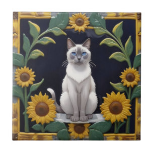 Sunflower Cats - Siamese Cat & Yellow Sunflowers Tile