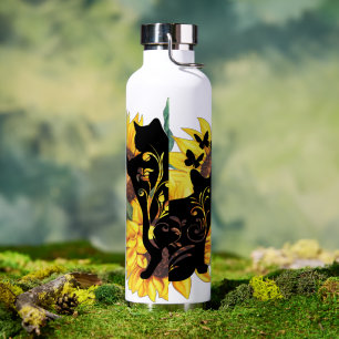 Sunflower Cats – Watercolor Floral Art Water Bottle