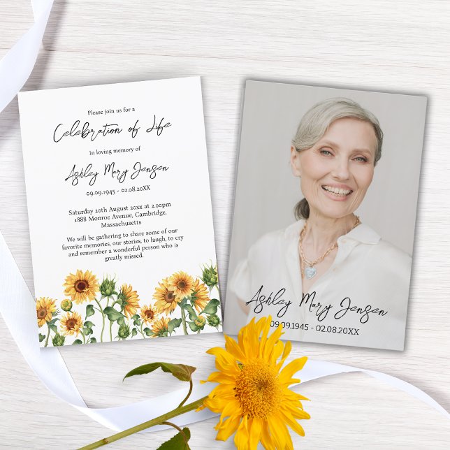 Sunflower Celebration of Life Photo Funeral Invitation (Creator Uploaded)