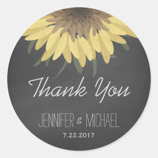 Sunflower Chalkboard Rustic Wedding Thank You Classic Round Sticker (Front)