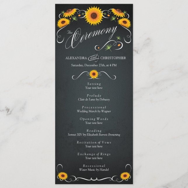 Sunflower Chalkboard Vintage Wedding Program (Front)