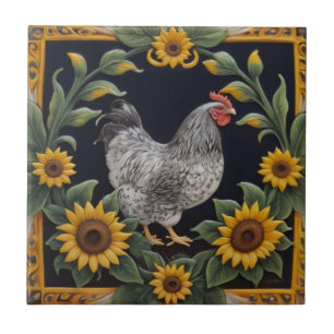 Sunflower Chicken - Grey Hen & Sunflowers Tile