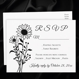 Sunflower Country Floral Black White Wedding RSVP Invitation Postcard