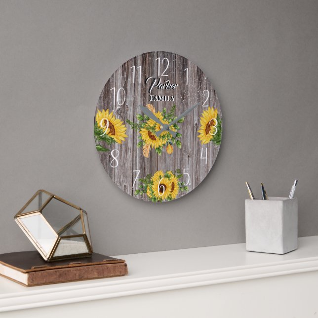 Sunflower,Country Kitchen,Wood Rustic, Family Name Large Clock (Office)