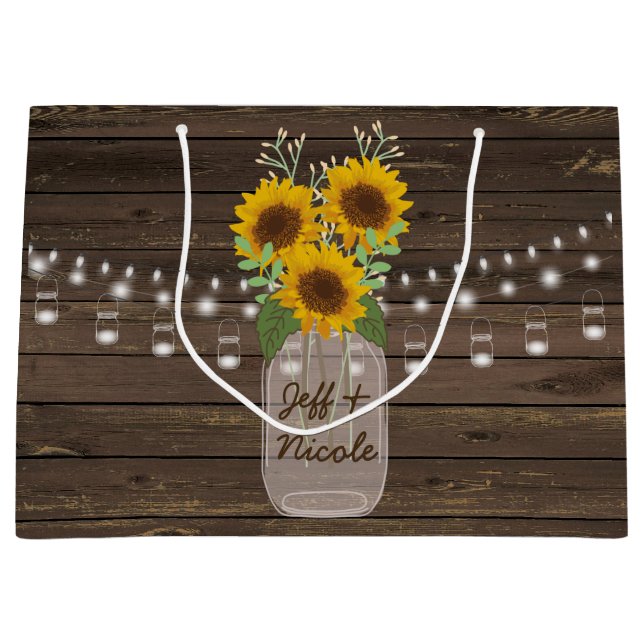 Sunflower Country Wood Mason Jar Wedding Large Gift Bag (Front)