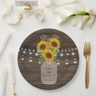 Sunflower Country Wood Mason Jar Wedding Paper Plate