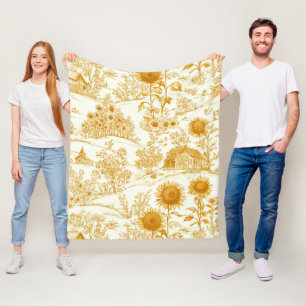 Sunflower Countryside Vintage Yellow Toile (1) Fleece Blanket