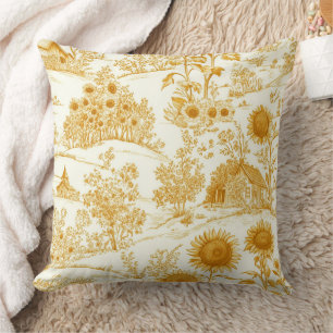 Sunflower Countryside Vintage Yellow Toile Throw Pillow