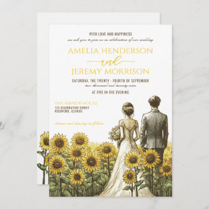 Sunflower Couple Wedding Invitation with QR Code