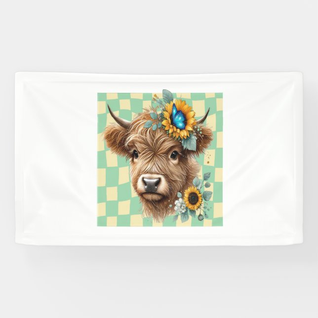 Sunflower Cow , Cute Highland Cow Banner (Horizontal)